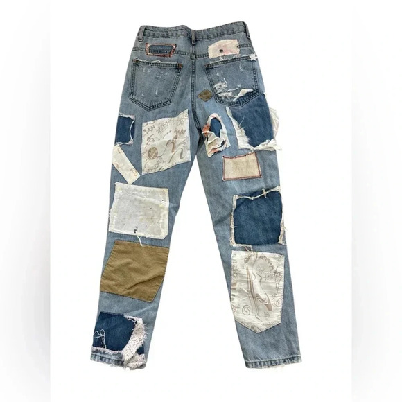 Zara Distressed Destroyed Mixed Patchwork Festival Customized Premium Jeans Sz 2 - Picture 2 of 13